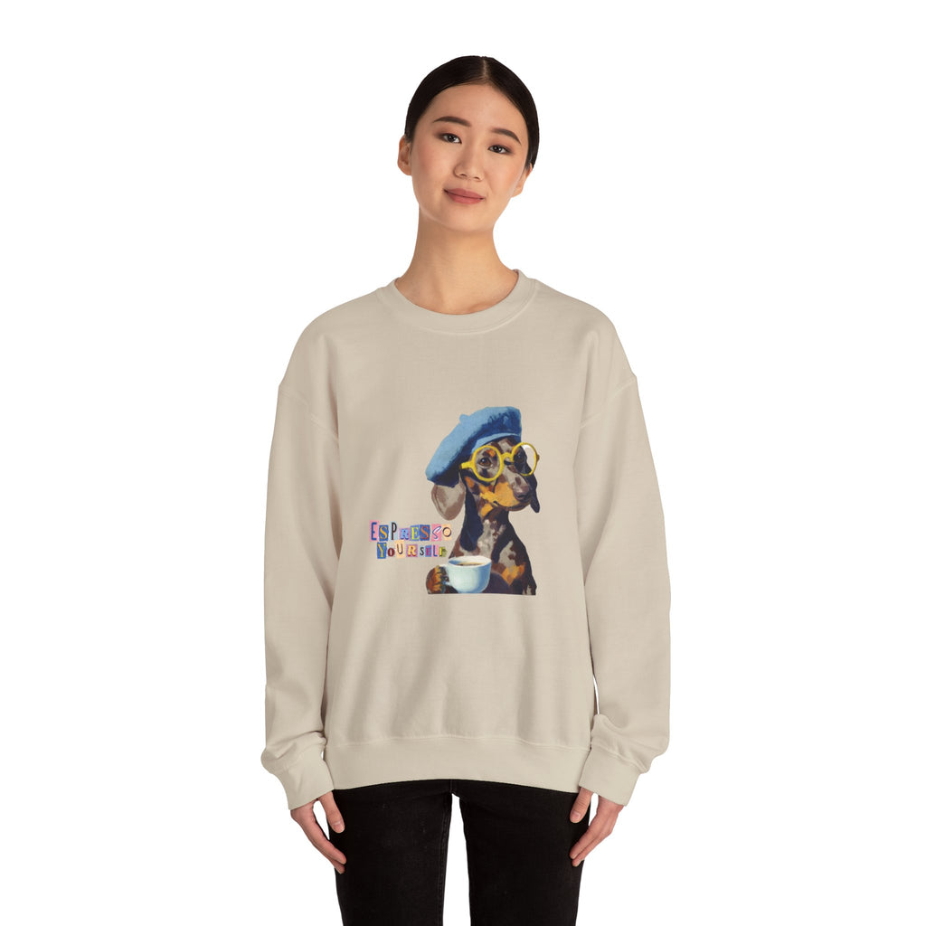 Dachshund in Beret and Sunglasses Sweatshirt | Espresso & Mornings Design