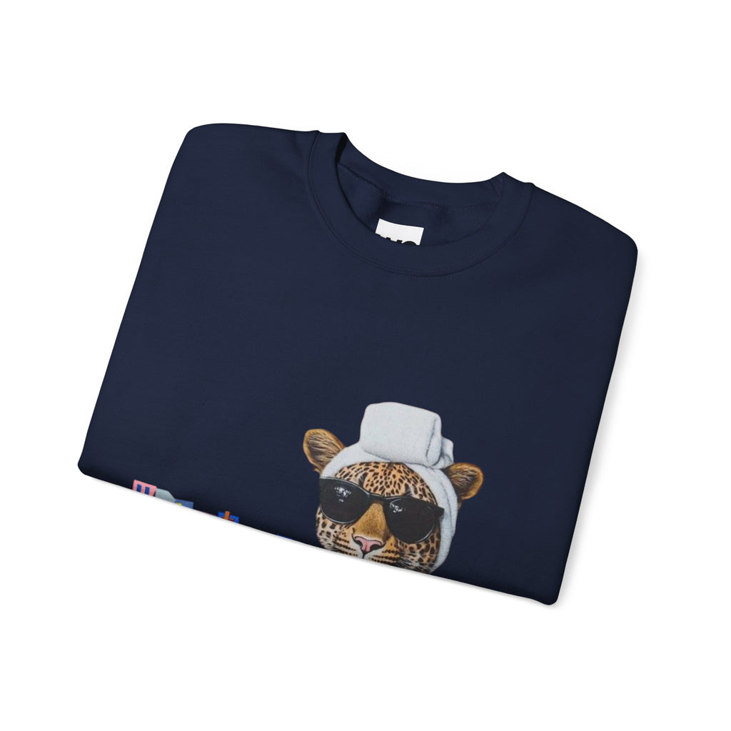 Leopard Spa Lounge with Coffee Crewneck Sweatshirt | Relaxed Animal Illustration