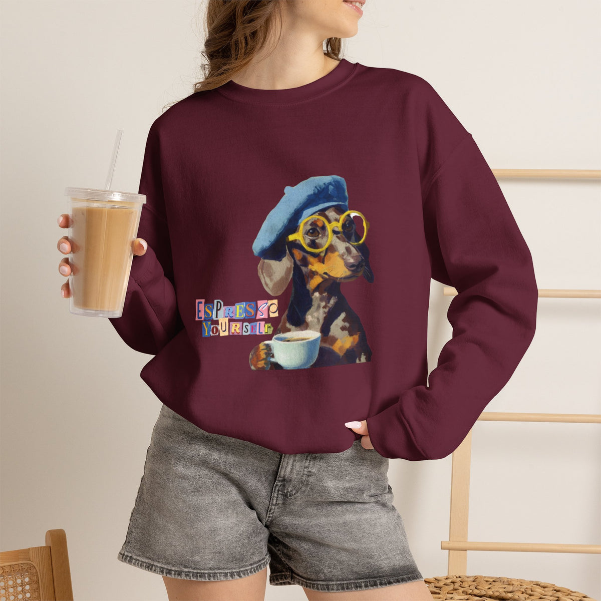 Dachshund in Beret and Sunglasses Sweatshirt | Espresso & Mornings Design