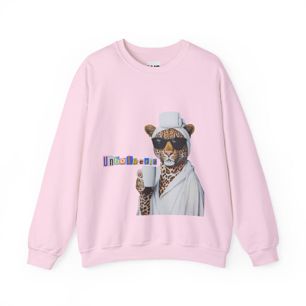 Leopard Spa Lounge with Coffee Crewneck Sweatshirt | Relaxed Animal Illustration