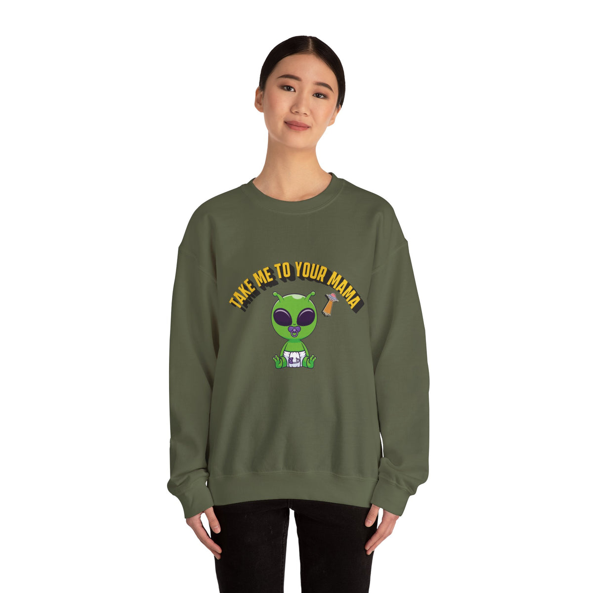 Alien Holding Mama Mug, Crewneck Sweatshirt | Cute Green Alien Graphic