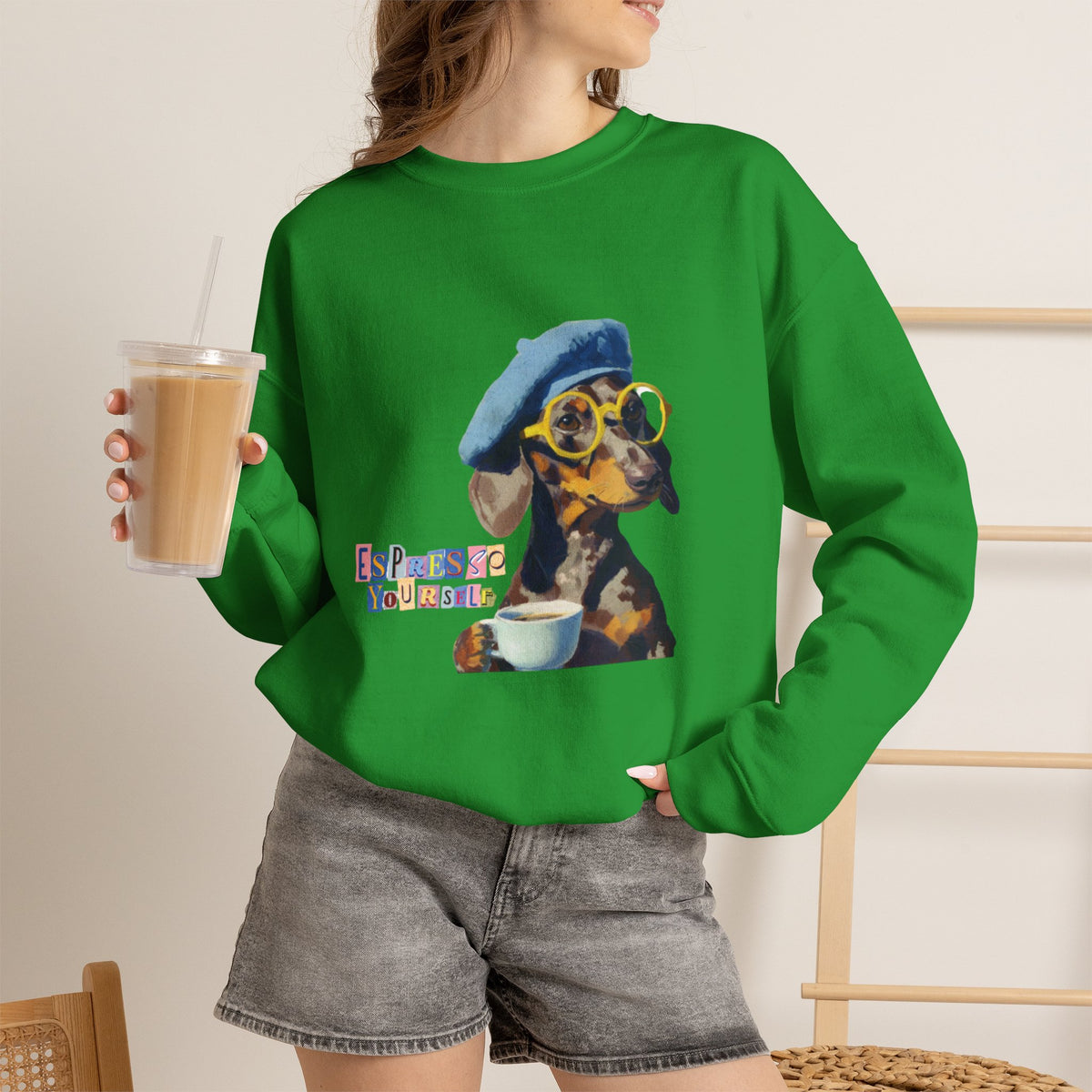 Dachshund in Beret and Sunglasses Sweatshirt | Espresso & Mornings Design