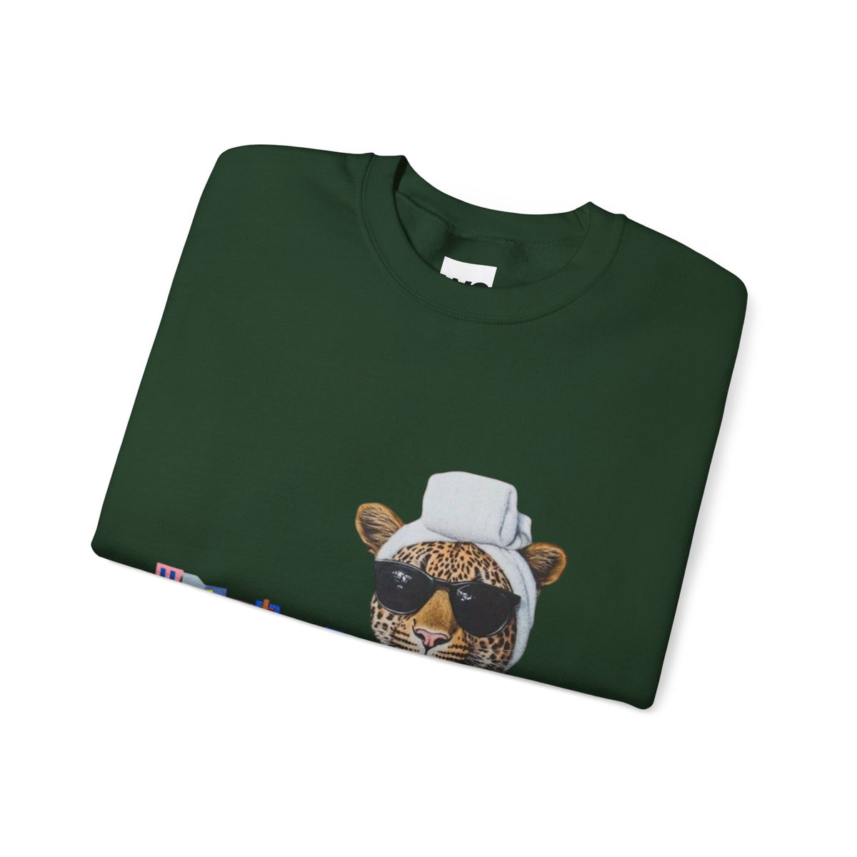 Leopard Spa Lounge with Coffee Crewneck Sweatshirt | Relaxed Animal Illustration