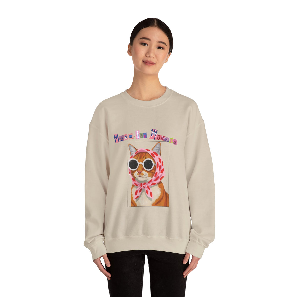 Glam Cat in Scarf Crewneck Sweatshirt | Retro Cat Graphic
