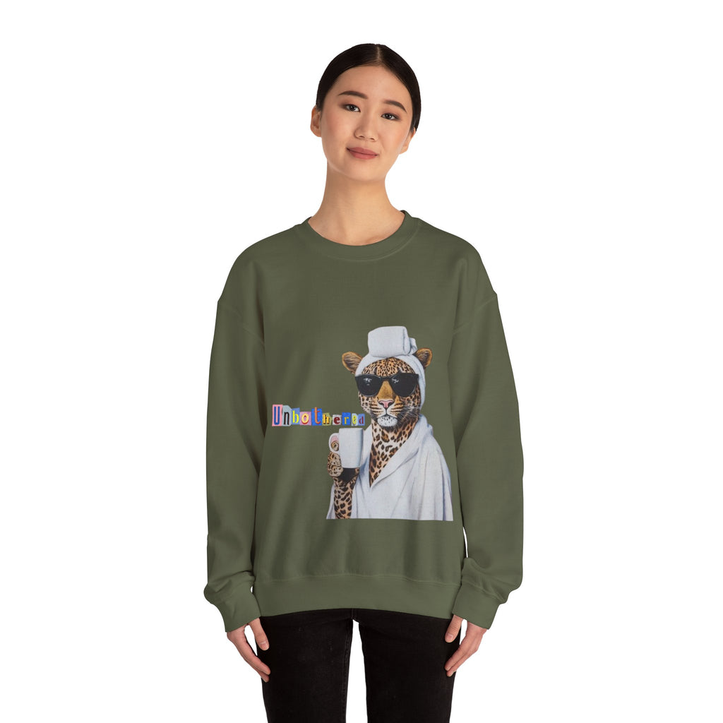 Leopard Spa Lounge with Coffee Crewneck Sweatshirt | Relaxed Animal Illustration