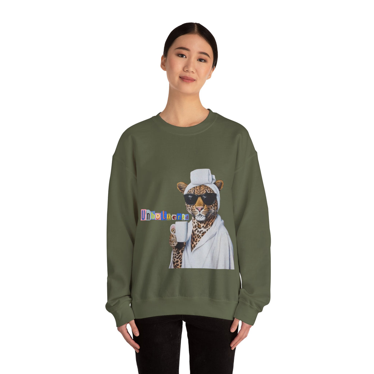 Leopard Spa Lounge with Coffee Crewneck Sweatshirt | Relaxed Animal Illustration