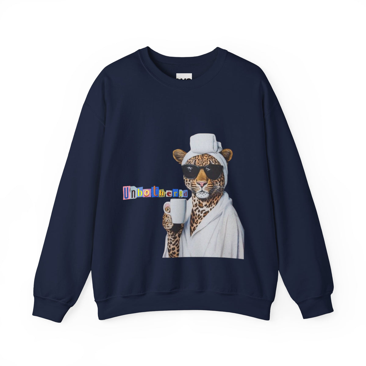 Leopard Spa Lounge with Coffee Crewneck Sweatshirt | Relaxed Animal Illustration
