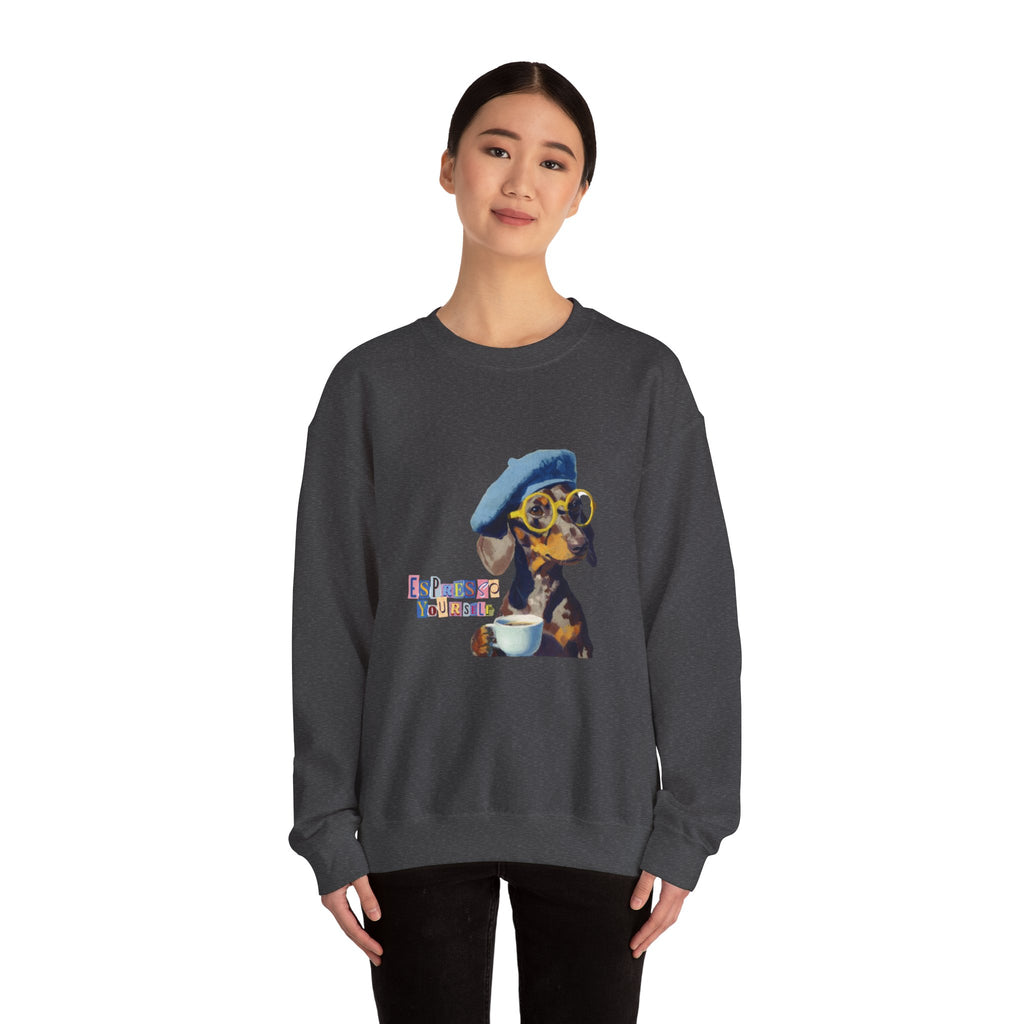 Dachshund in Beret and Sunglasses Sweatshirt | Espresso & Mornings Design
