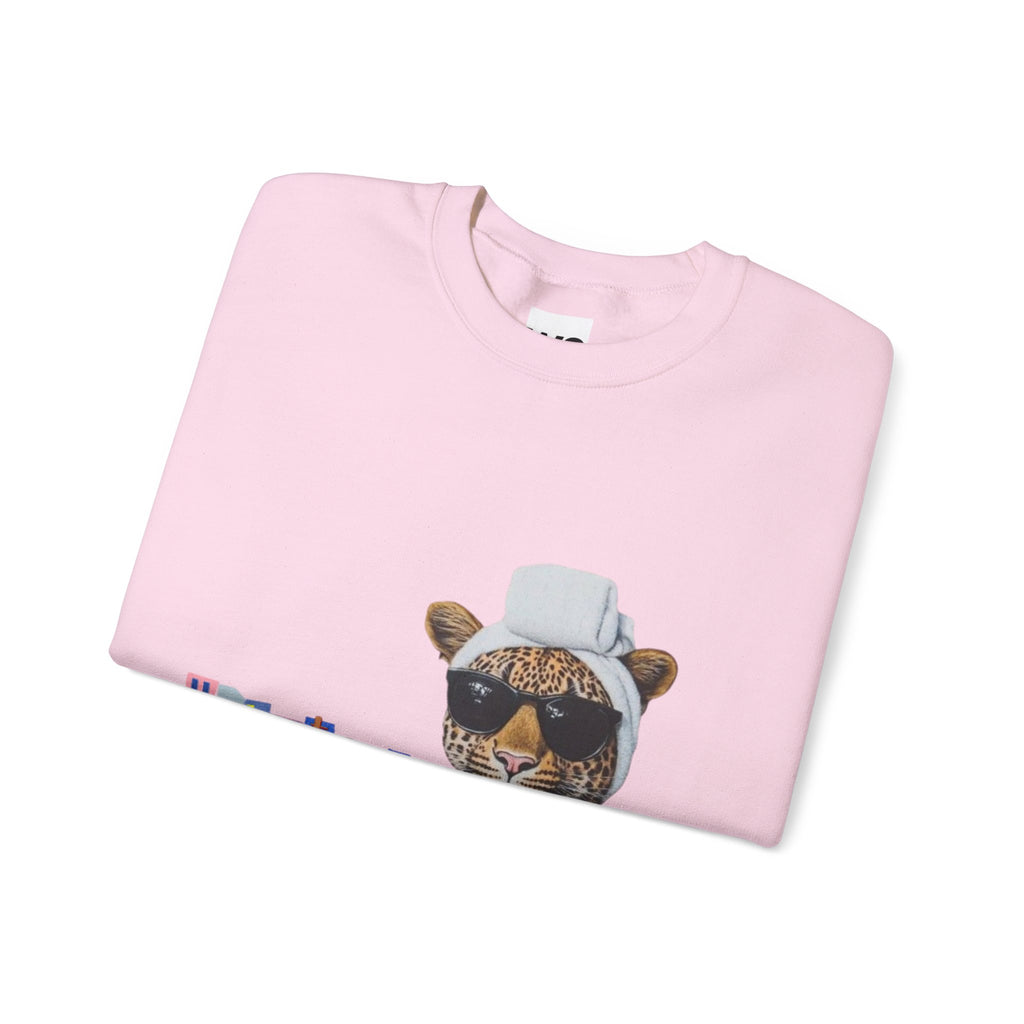 Leopard Spa Lounge with Coffee Crewneck Sweatshirt | Relaxed Animal Illustration