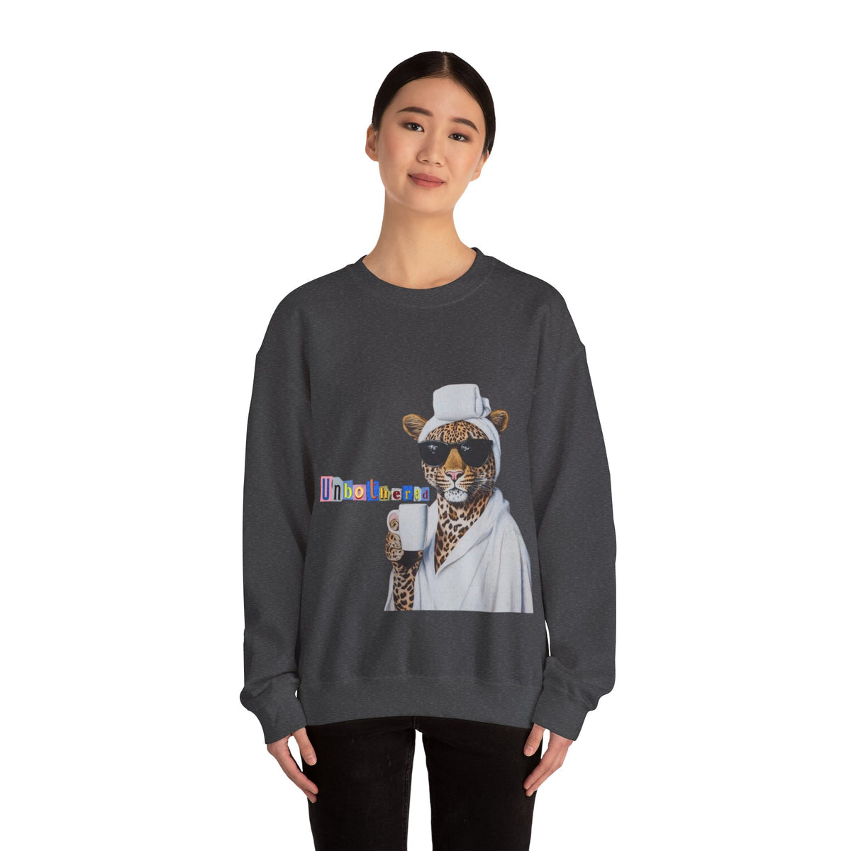 Leopard Spa Lounge with Coffee Crewneck Sweatshirt | Relaxed Animal Illustration