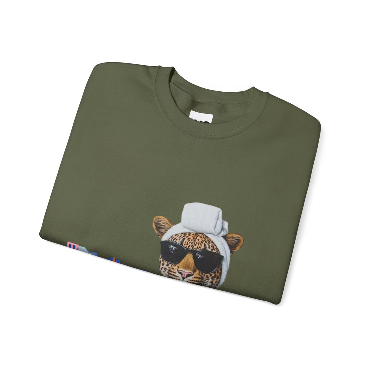 Leopard Spa Lounge with Coffee Crewneck Sweatshirt | Relaxed Animal Illustration