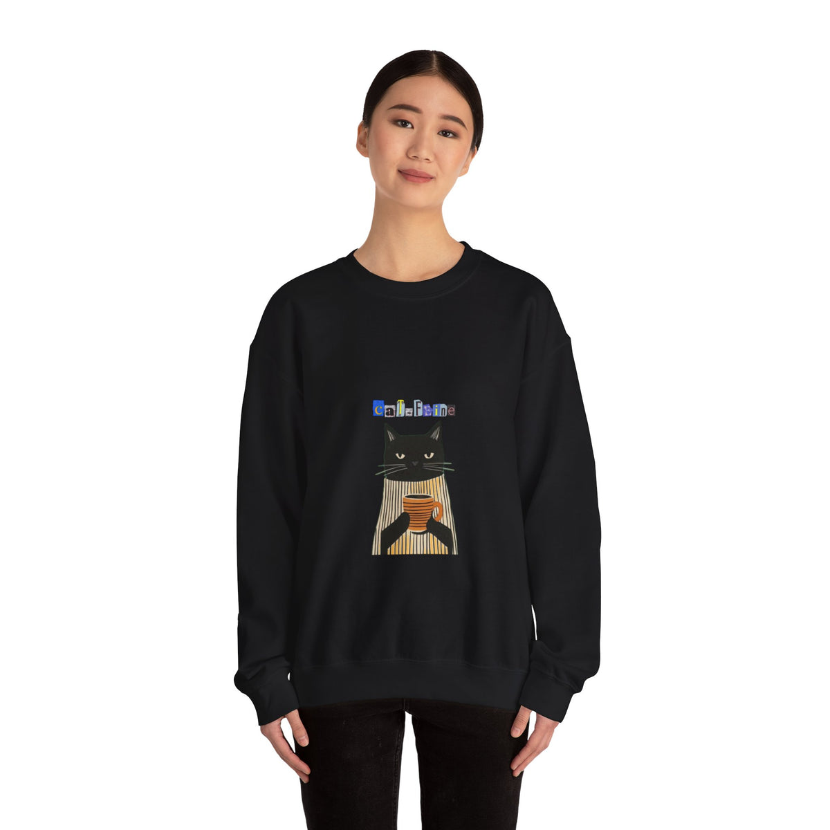 Black Cat Holding Coffee Crewneck Sweatshirt | Cozy Cat Illustration