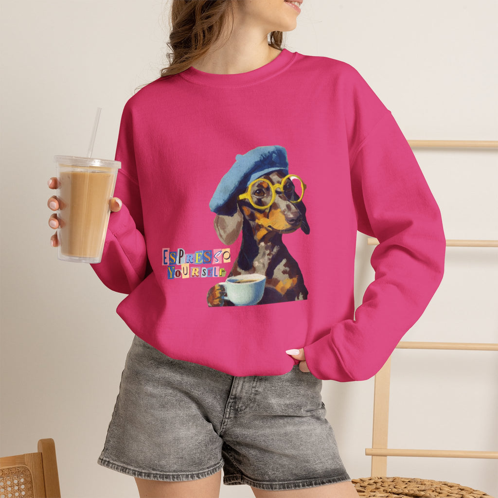Dachshund in Beret and Sunglasses Sweatshirt | Espresso & Mornings Design
