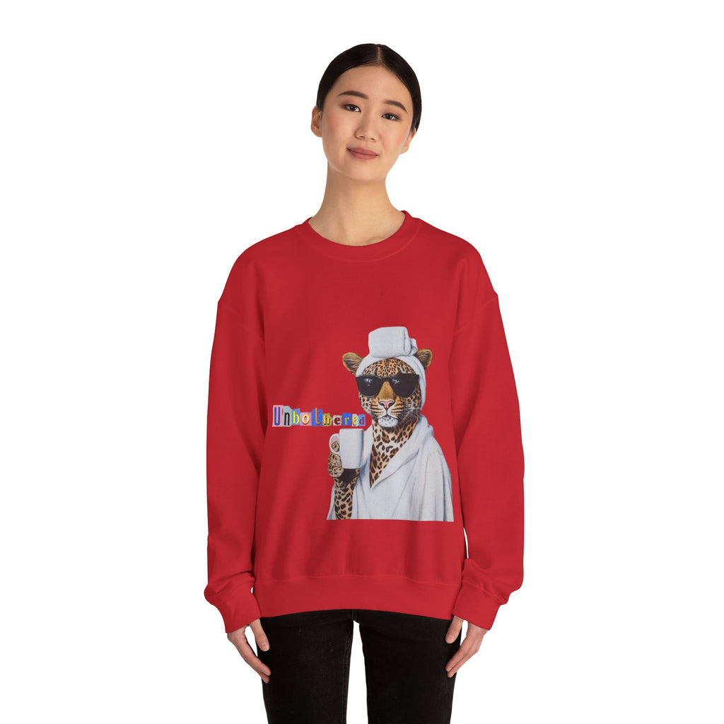 Leopard Spa Lounge with Coffee Crewneck Sweatshirt | Relaxed Animal Illustration