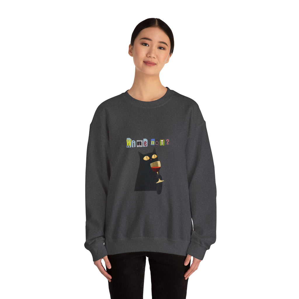 Black Cat Holding Wine Glass Crewneck Sweatshirt | Cute Cat Illustration