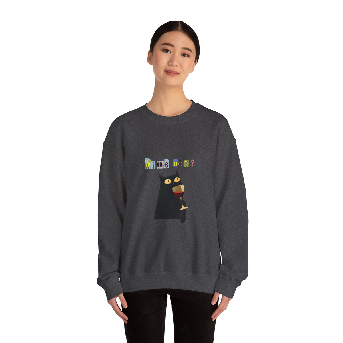 Black Cat Holding Wine Glass Crewneck Sweatshirt | Cute Cat Illustration