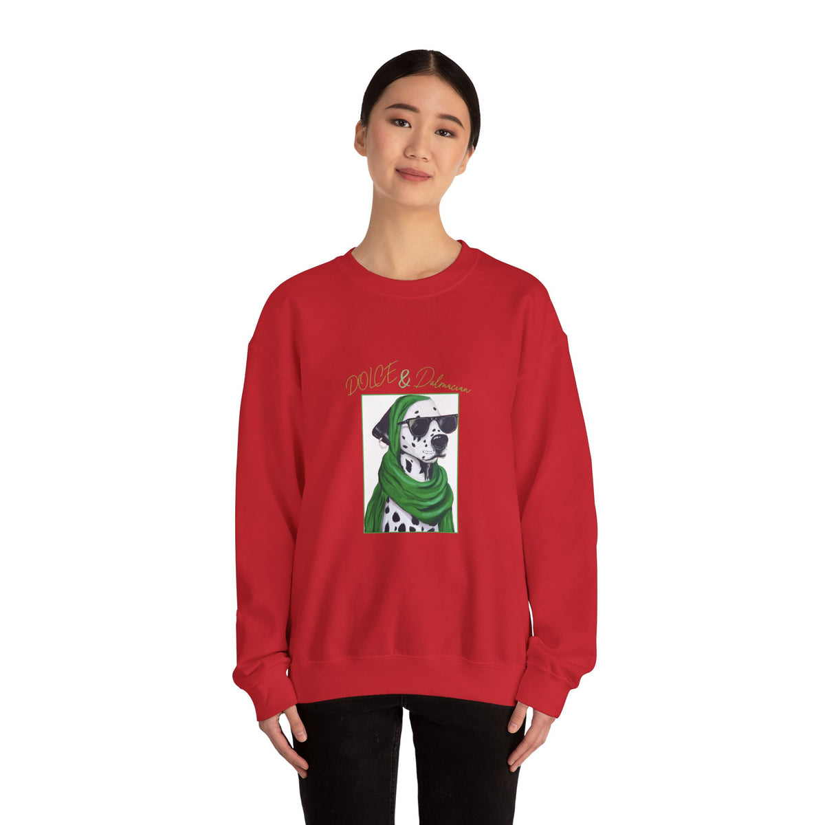 Dalmatian in Green Scarf sweatshirt | Dog Portrait, Winter Cozy