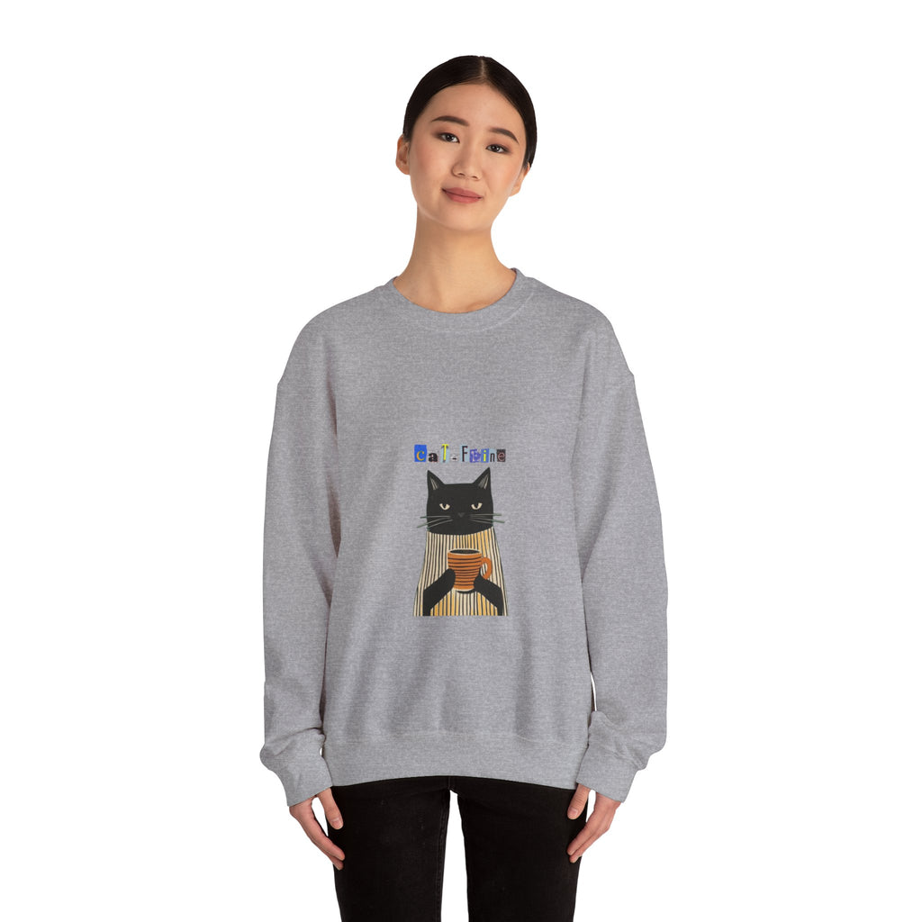 Black Cat Holding Coffee Crewneck Sweatshirt | Cozy Cat Illustration