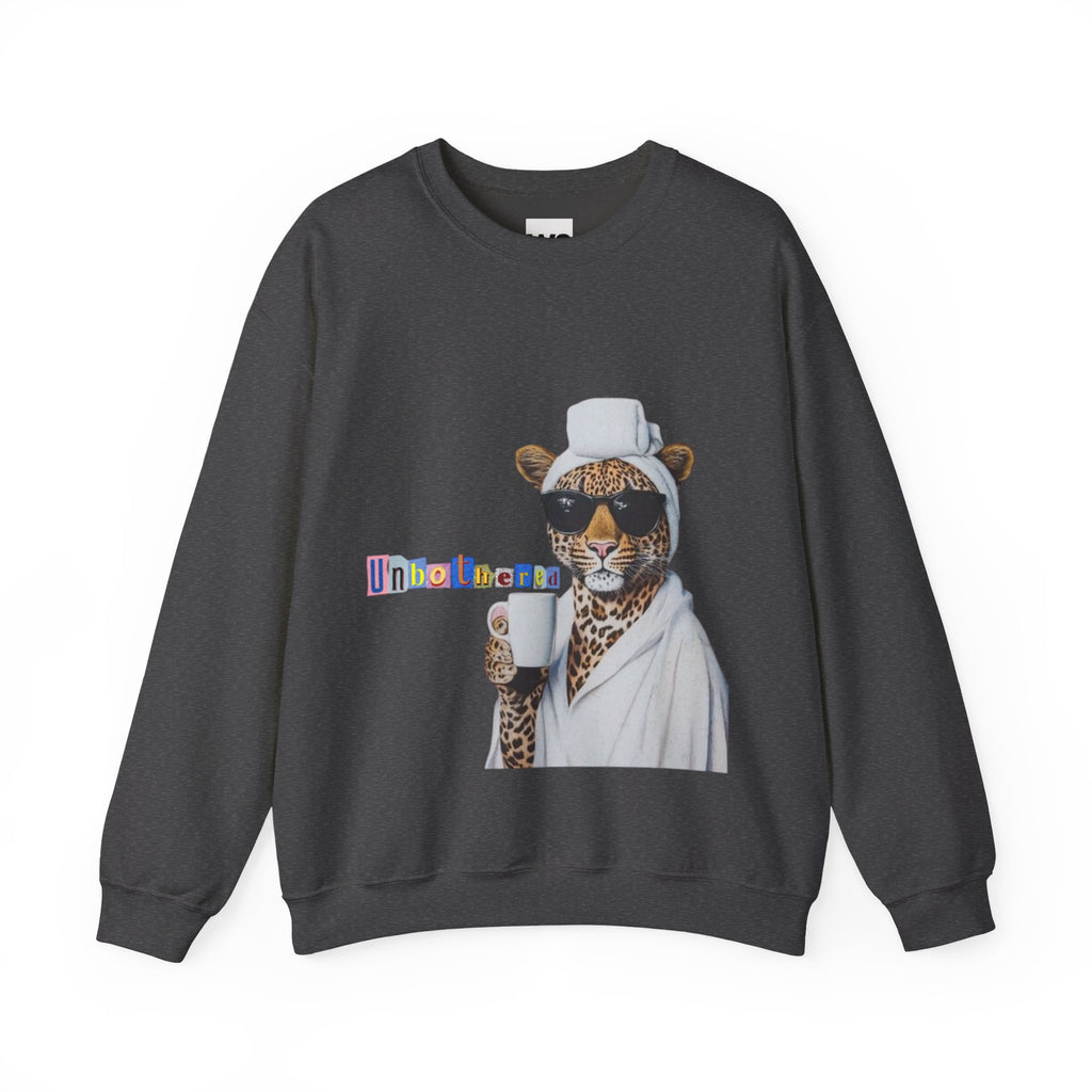 Leopard Spa Lounge with Coffee Crewneck Sweatshirt | Relaxed Animal Illustration