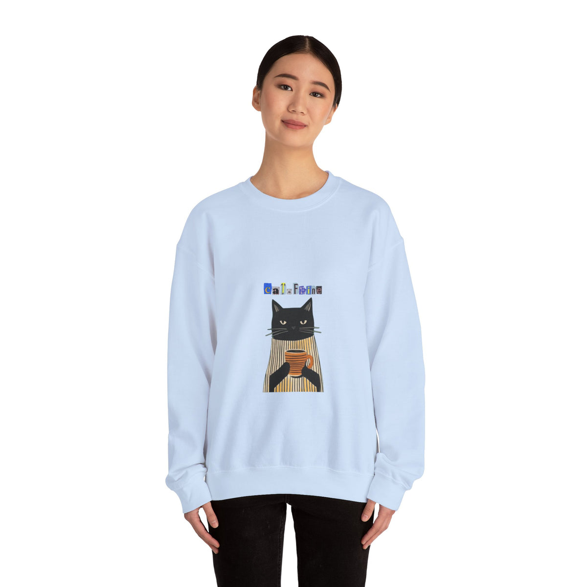 Black Cat Holding Coffee Crewneck Sweatshirt | Cozy Cat Illustration