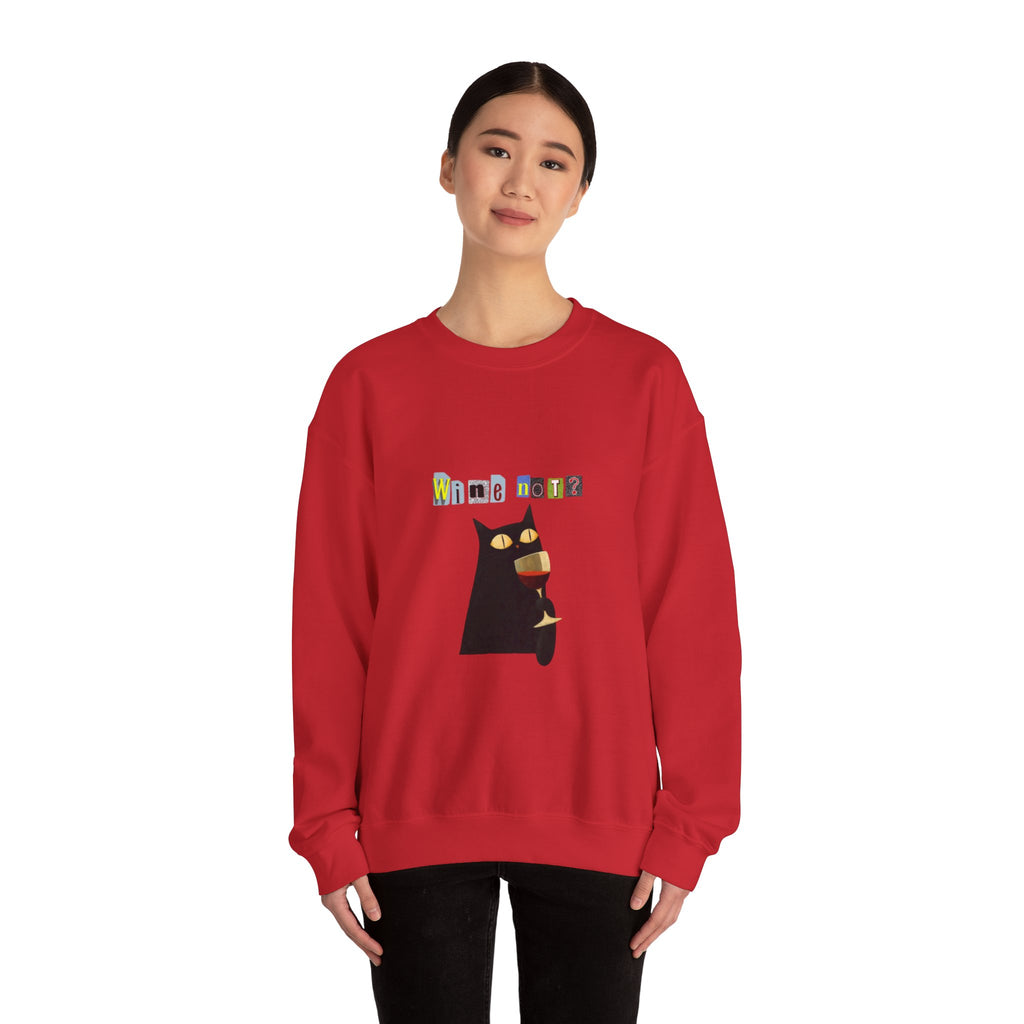 Black Cat Holding Wine Glass Crewneck Sweatshirt | Cute Cat Illustration