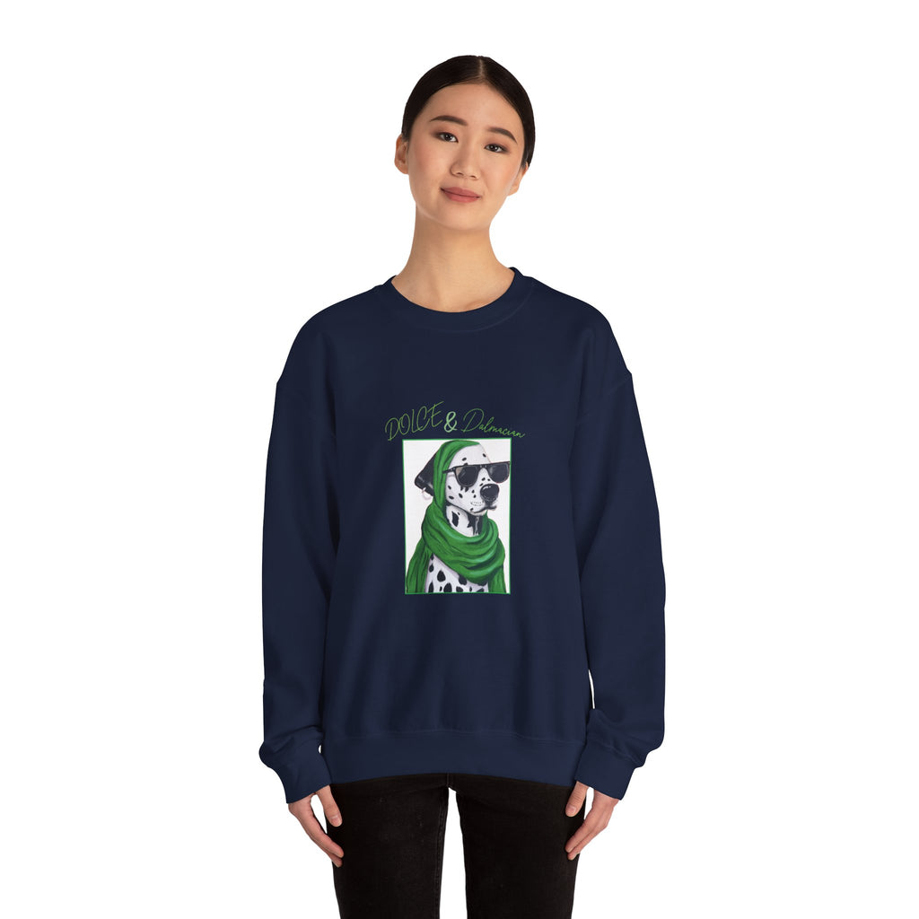 Dalmatian in Green Scarf sweatshirt | Dog Portrait, Winter Cozy