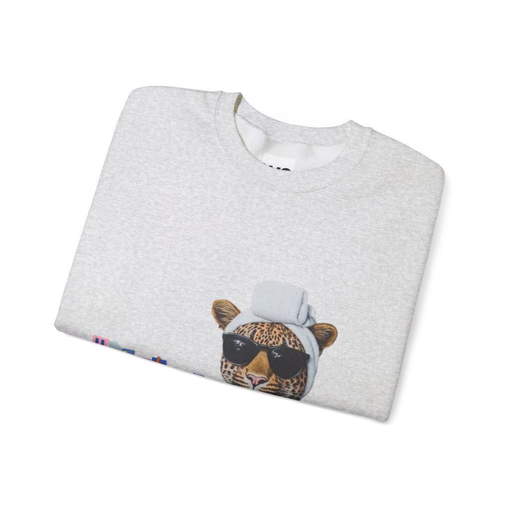 Leopard Spa Lounge with Coffee Crewneck Sweatshirt | Relaxed Animal Illustration