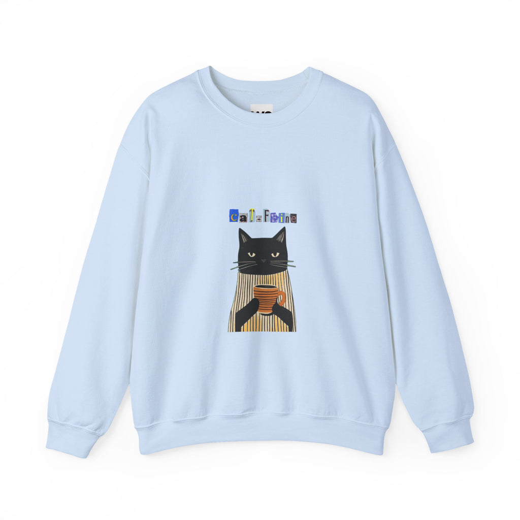 Black Cat Holding Coffee Crewneck Sweatshirt | Cozy Cat Illustration