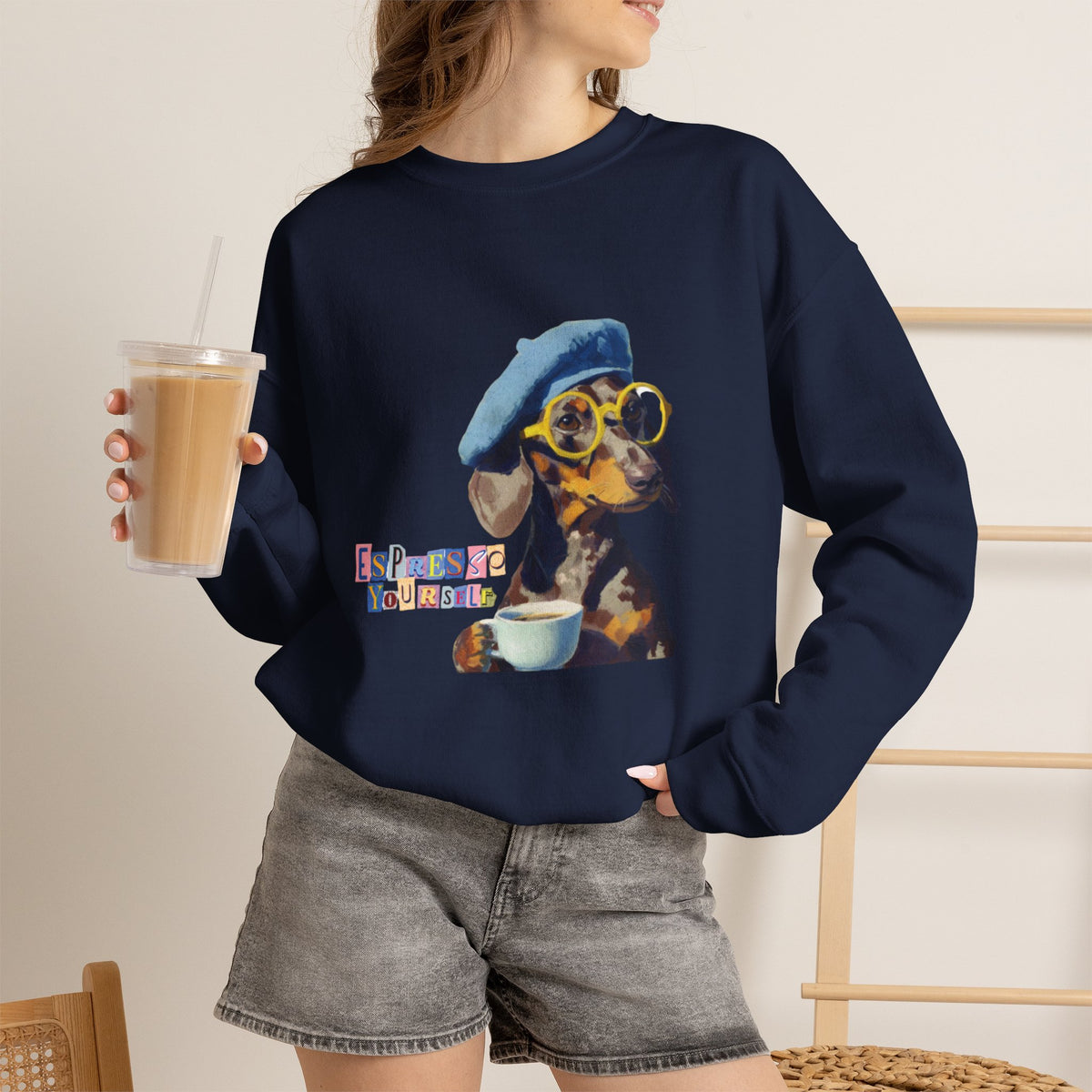 Dachshund in Beret and Sunglasses Sweatshirt | Espresso & Mornings Design