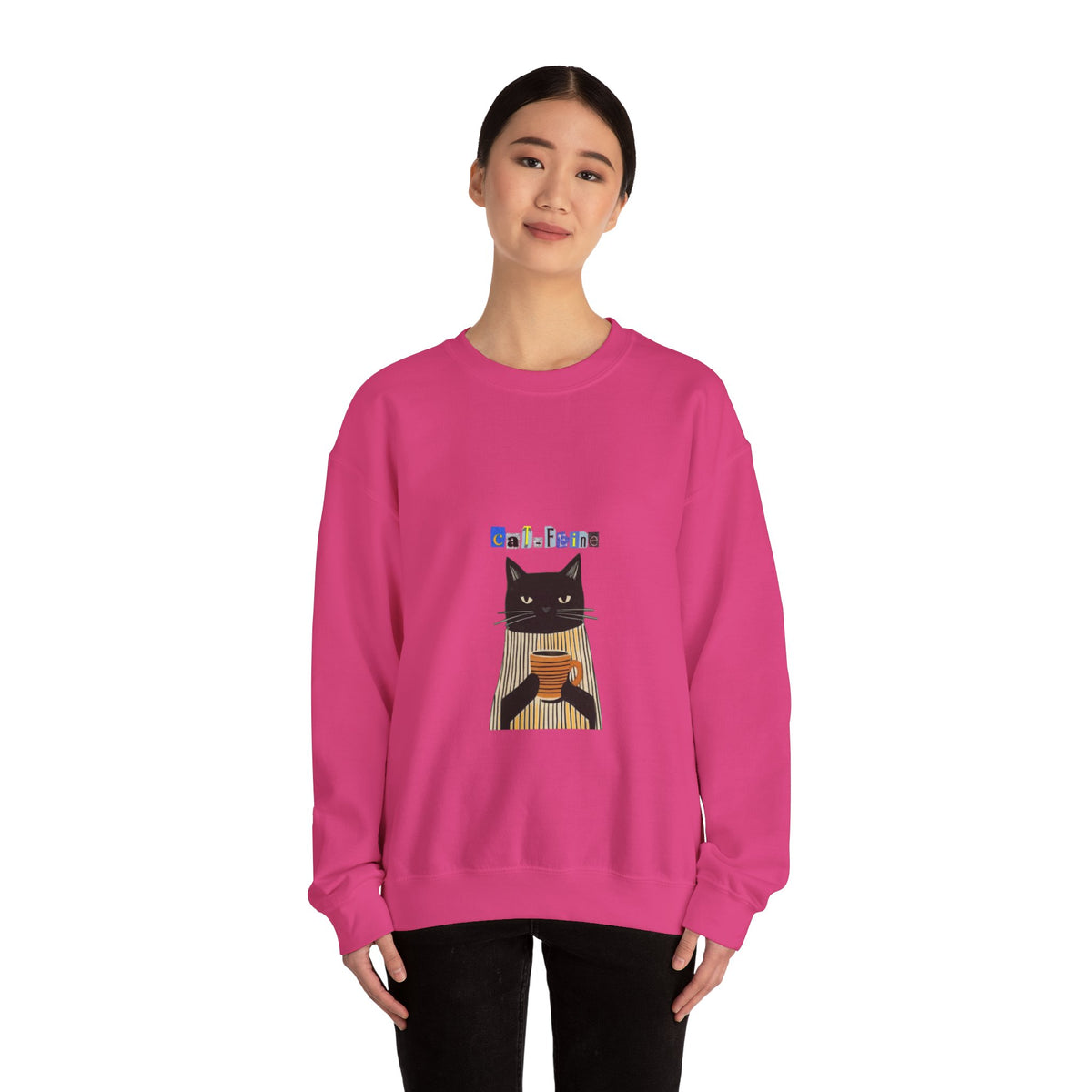 Black Cat Holding Coffee Crewneck Sweatshirt | Cozy Cat Illustration