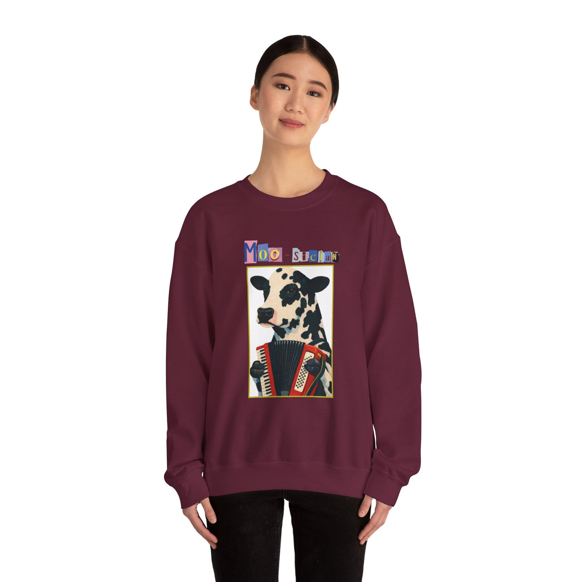 Cow Playing Accordion Crewneck, Retro Animal Music Sweatshirt