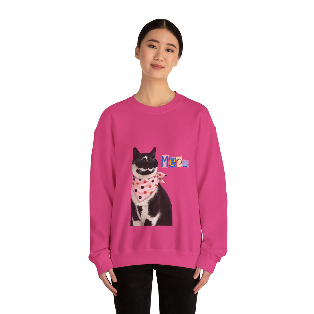 Cute Black Cat with Polka Dot Bandana Sweatshirt | 'Meow' Graphic