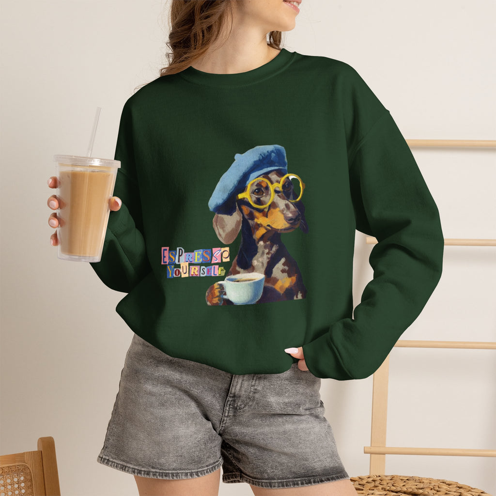 Dachshund in Beret and Sunglasses Sweatshirt | Espresso & Mornings Design