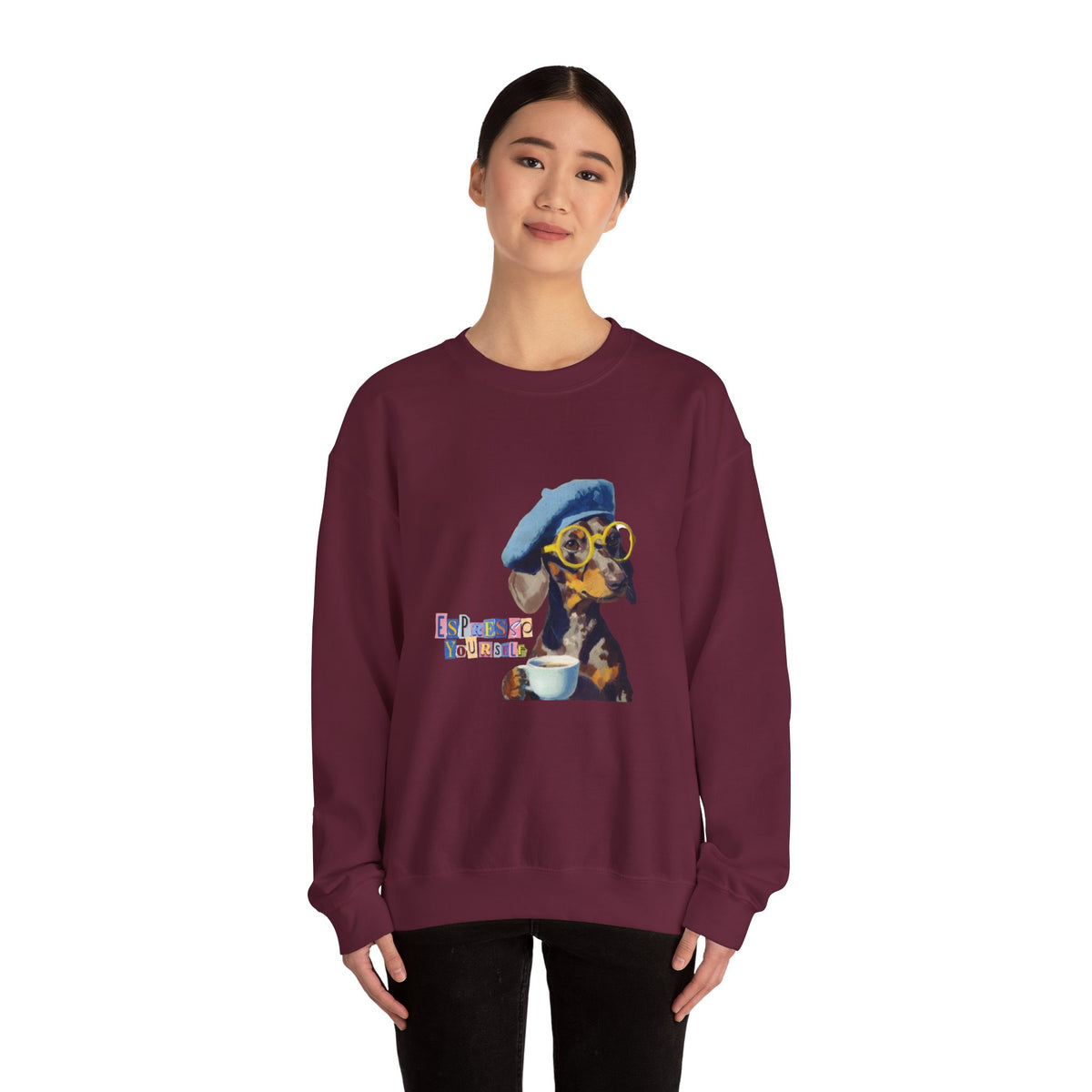 Dachshund in Beret and Sunglasses Sweatshirt | Espresso & Mornings Design