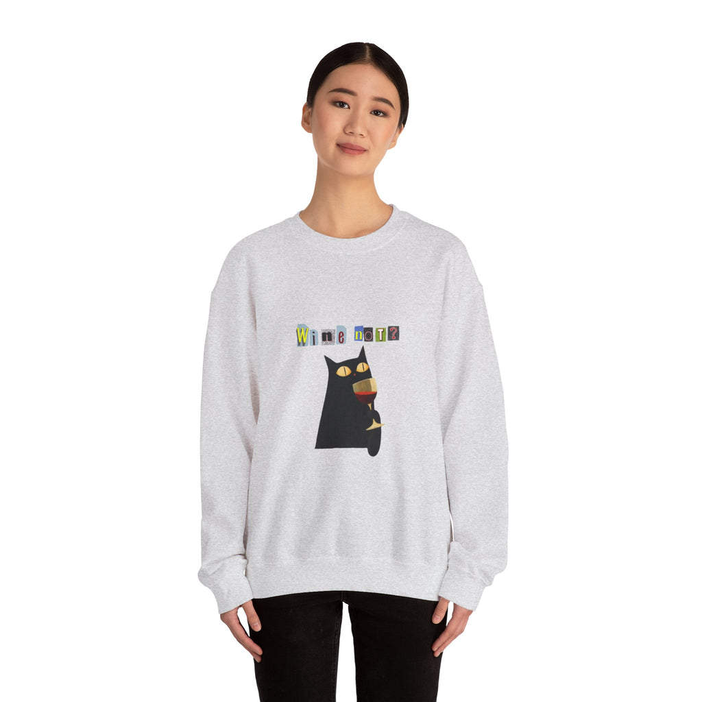 Black Cat Holding Wine Glass Crewneck Sweatshirt | Cute Cat Illustration