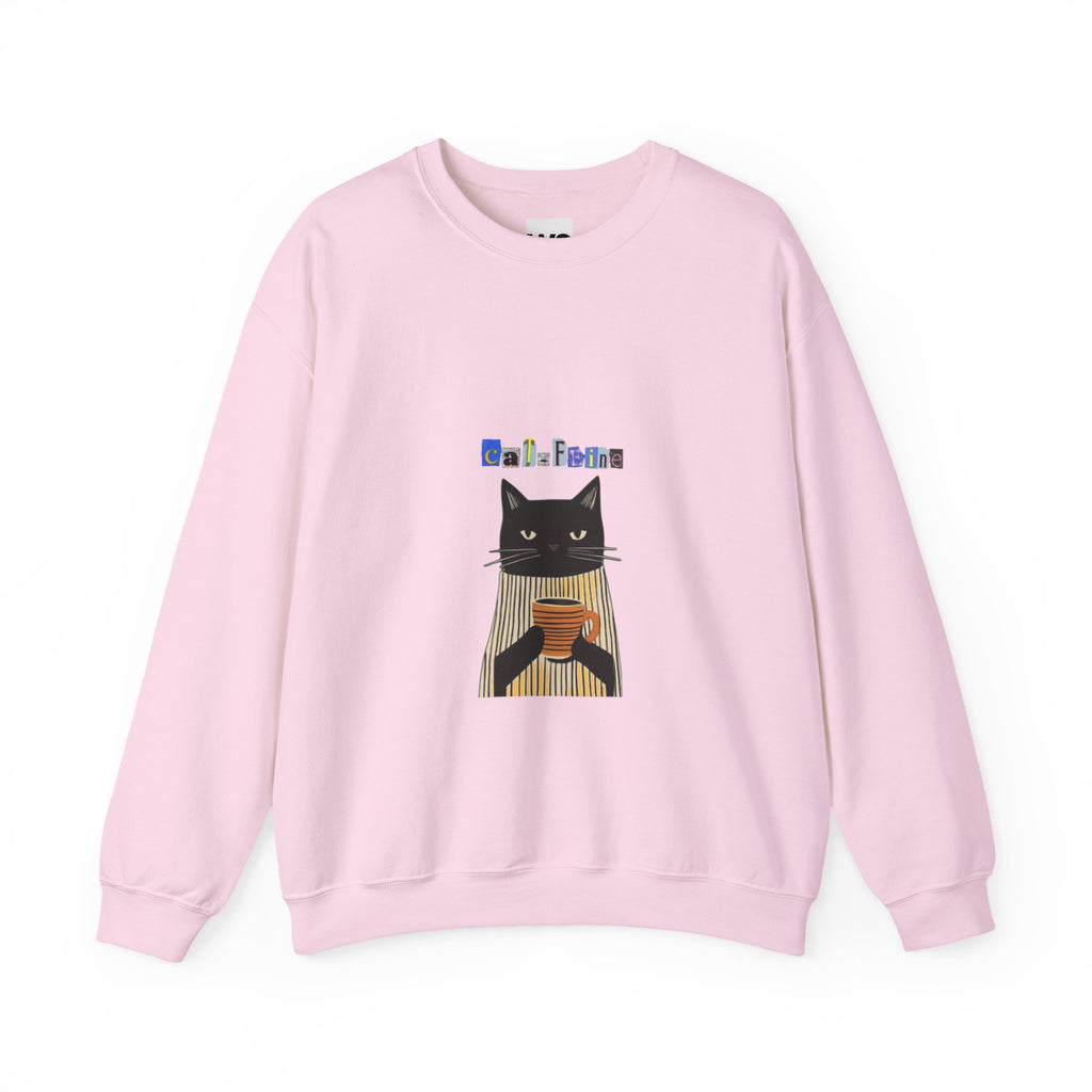 Black Cat Holding Coffee Crewneck Sweatshirt | Cozy Cat Illustration
