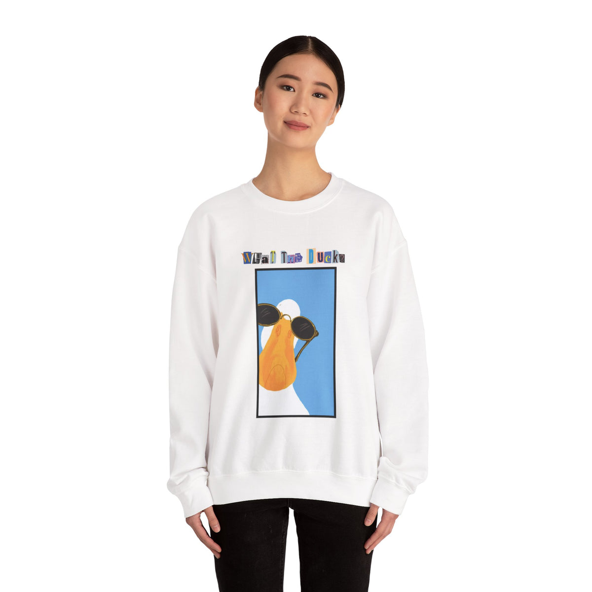 Cool Sunglasses Duck Crewneck Sweatshirt | Fun Cartoon Bird Design