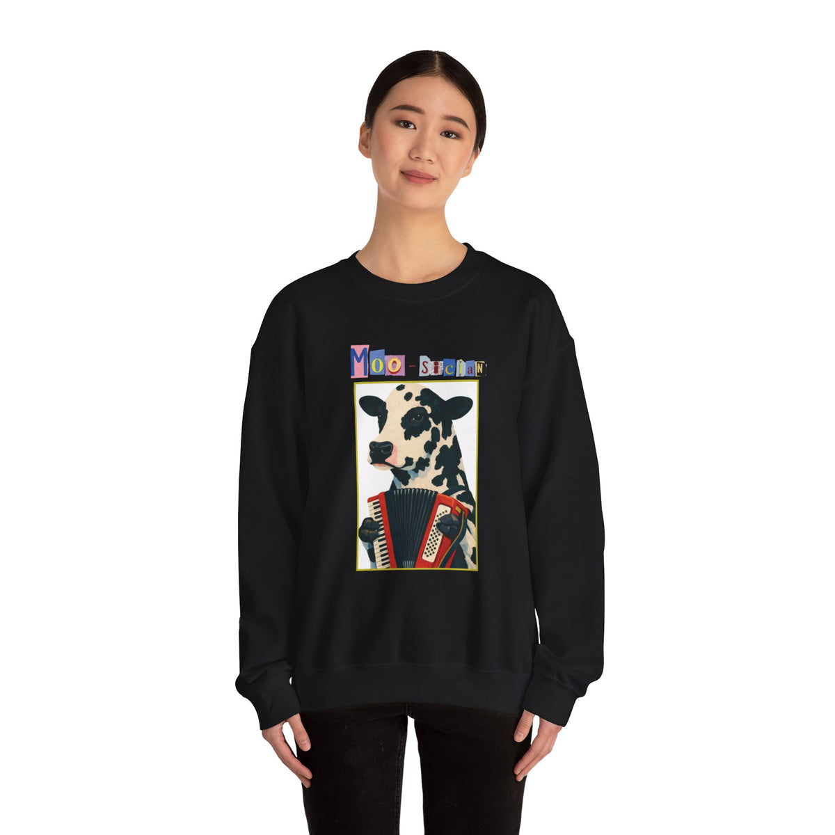 Cow Playing Accordion Crewneck, Retro Animal Music Sweatshirt