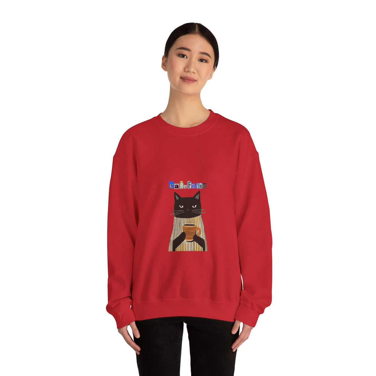 Black Cat Holding Coffee Crewneck Sweatshirt | Cozy Cat Illustration