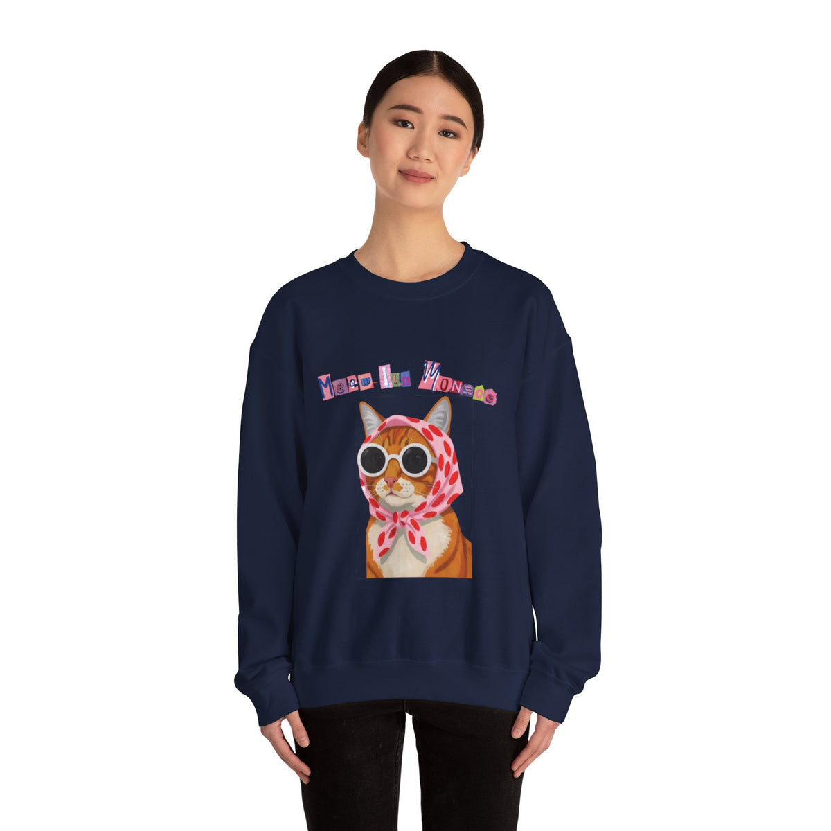 Glam Cat in Scarf Crewneck Sweatshirt | Retro Cat Graphic