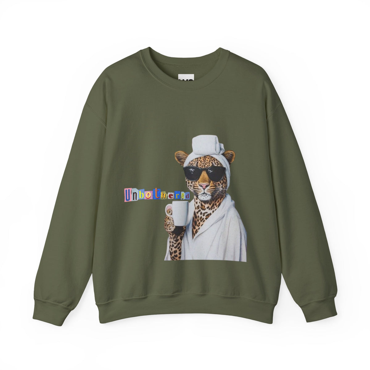 Leopard Spa Lounge with Coffee Crewneck Sweatshirt | Relaxed Animal Illustration