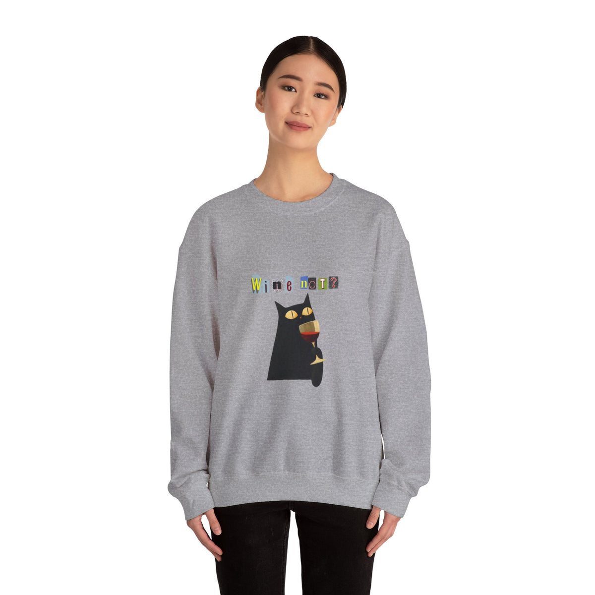 Black Cat Holding Wine Glass Crewneck Sweatshirt | Cute Cat Illustration