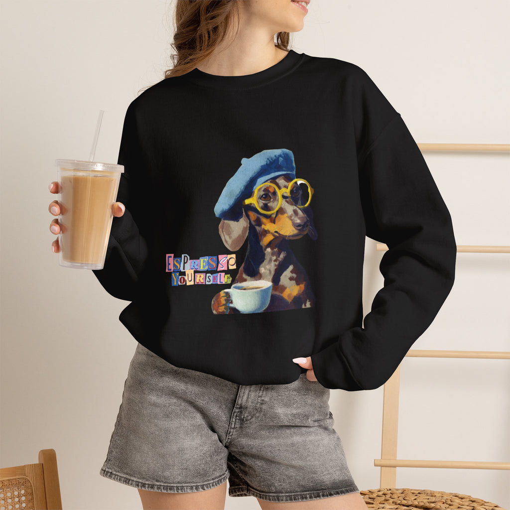 Dachshund in Beret and Sunglasses Sweatshirt | Espresso & Mornings Design