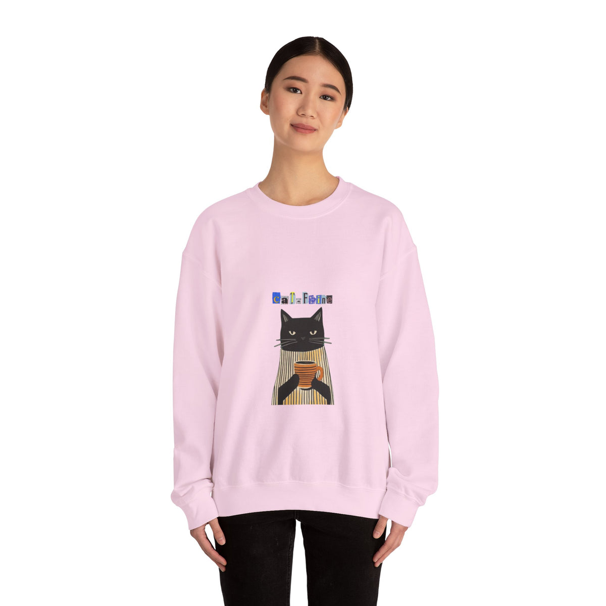 Black Cat Holding Coffee Crewneck Sweatshirt | Cozy Cat Illustration
