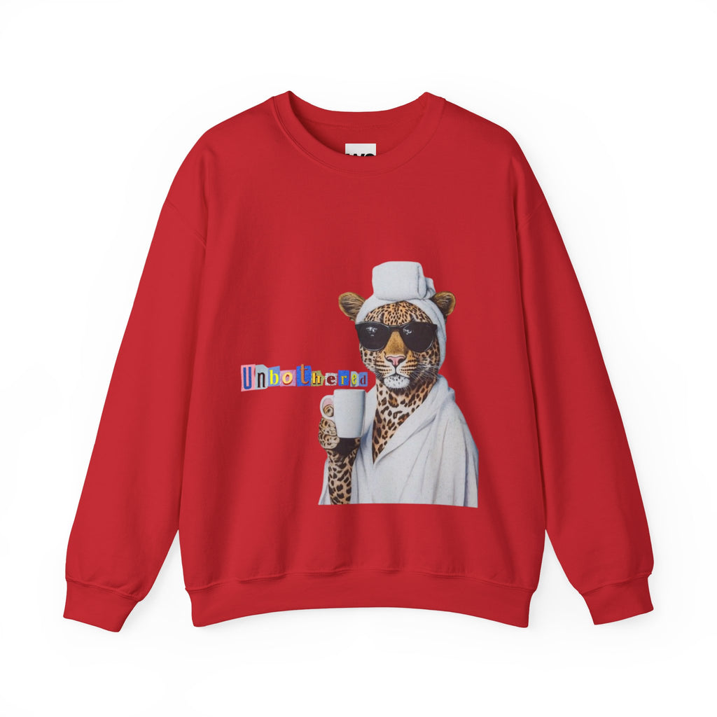 Leopard Spa Lounge with Coffee Crewneck Sweatshirt | Relaxed Animal Illustration