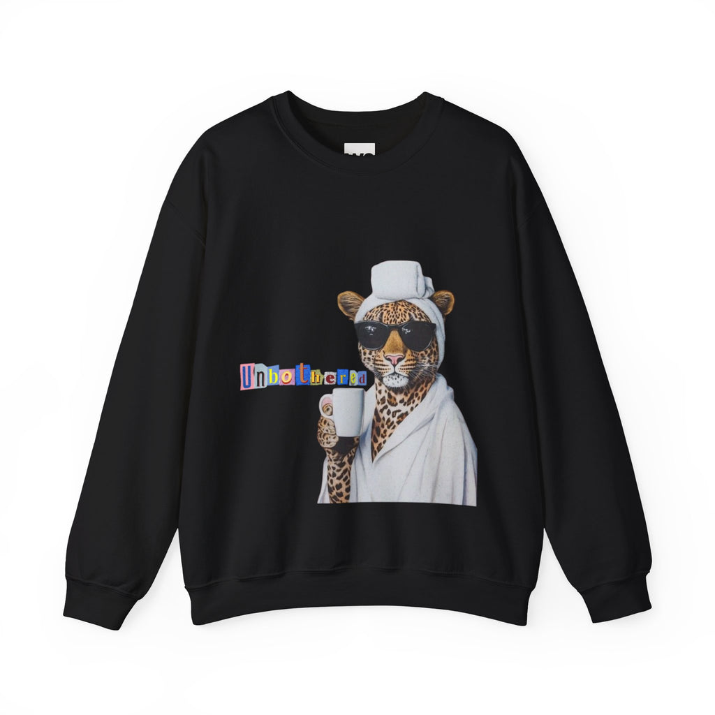Leopard Spa Lounge with Coffee Crewneck Sweatshirt | Relaxed Animal Illustration