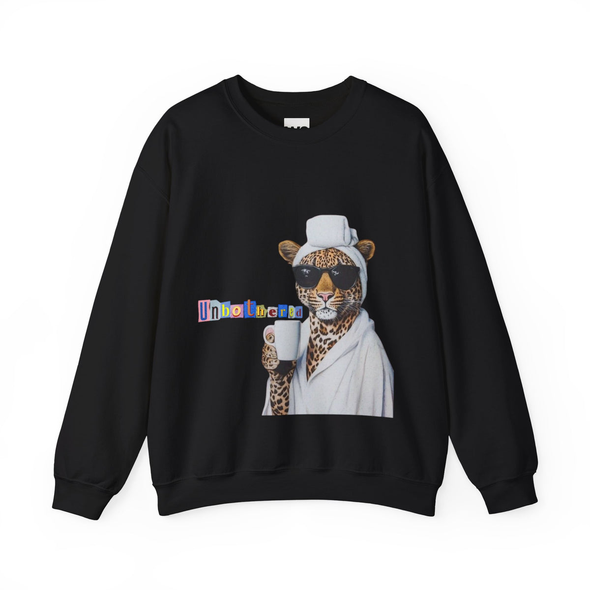 Leopard Spa Lounge with Coffee Crewneck Sweatshirt | Relaxed Animal Illustration