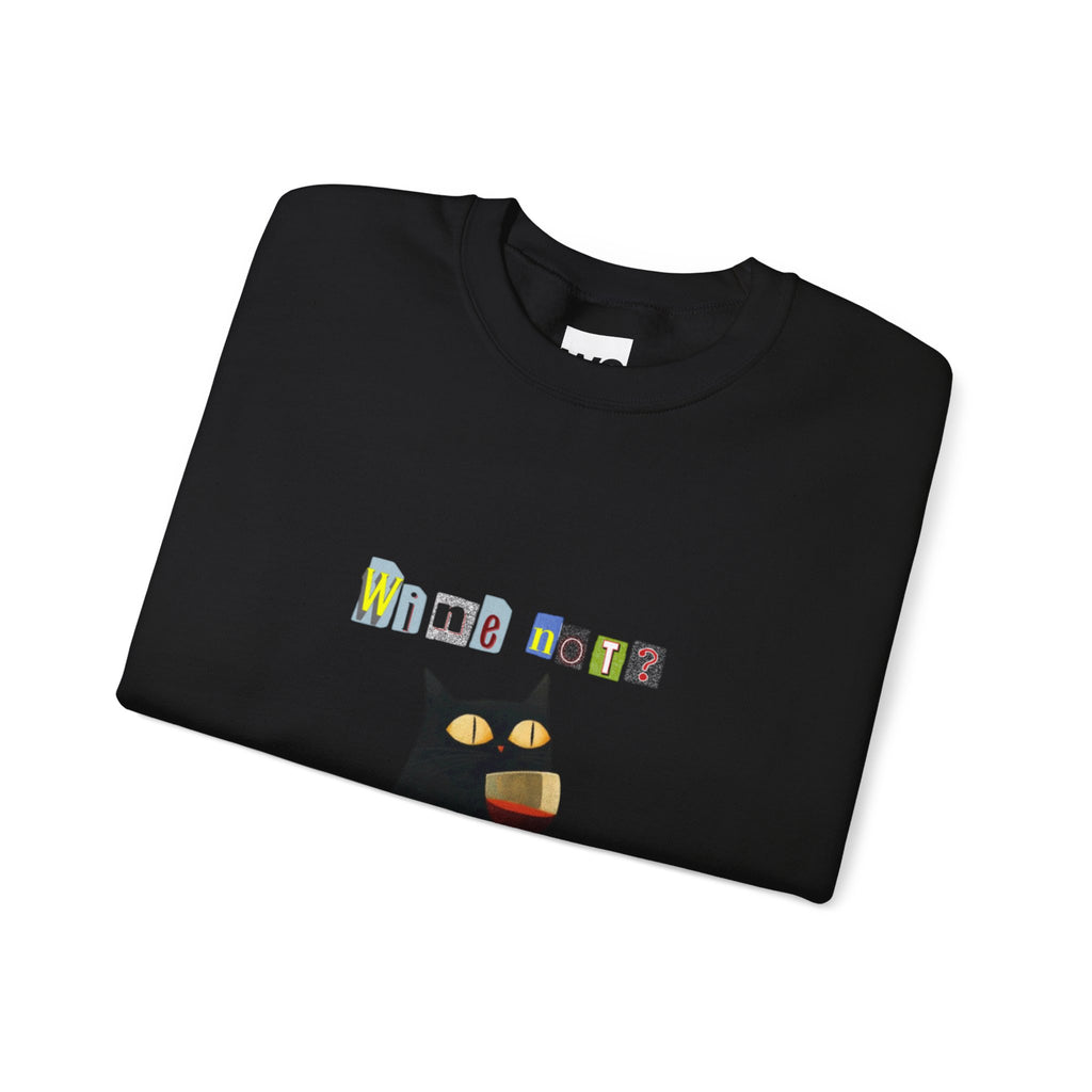Black Cat Holding Wine Glass Crewneck Sweatshirt | Cute Cat Illustration