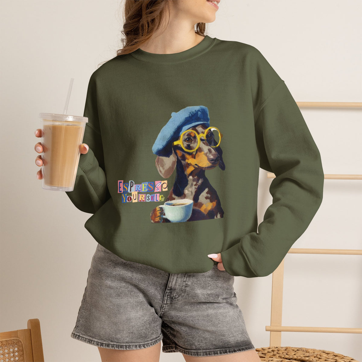 Dachshund in Beret and Sunglasses Sweatshirt | Espresso & Mornings Design