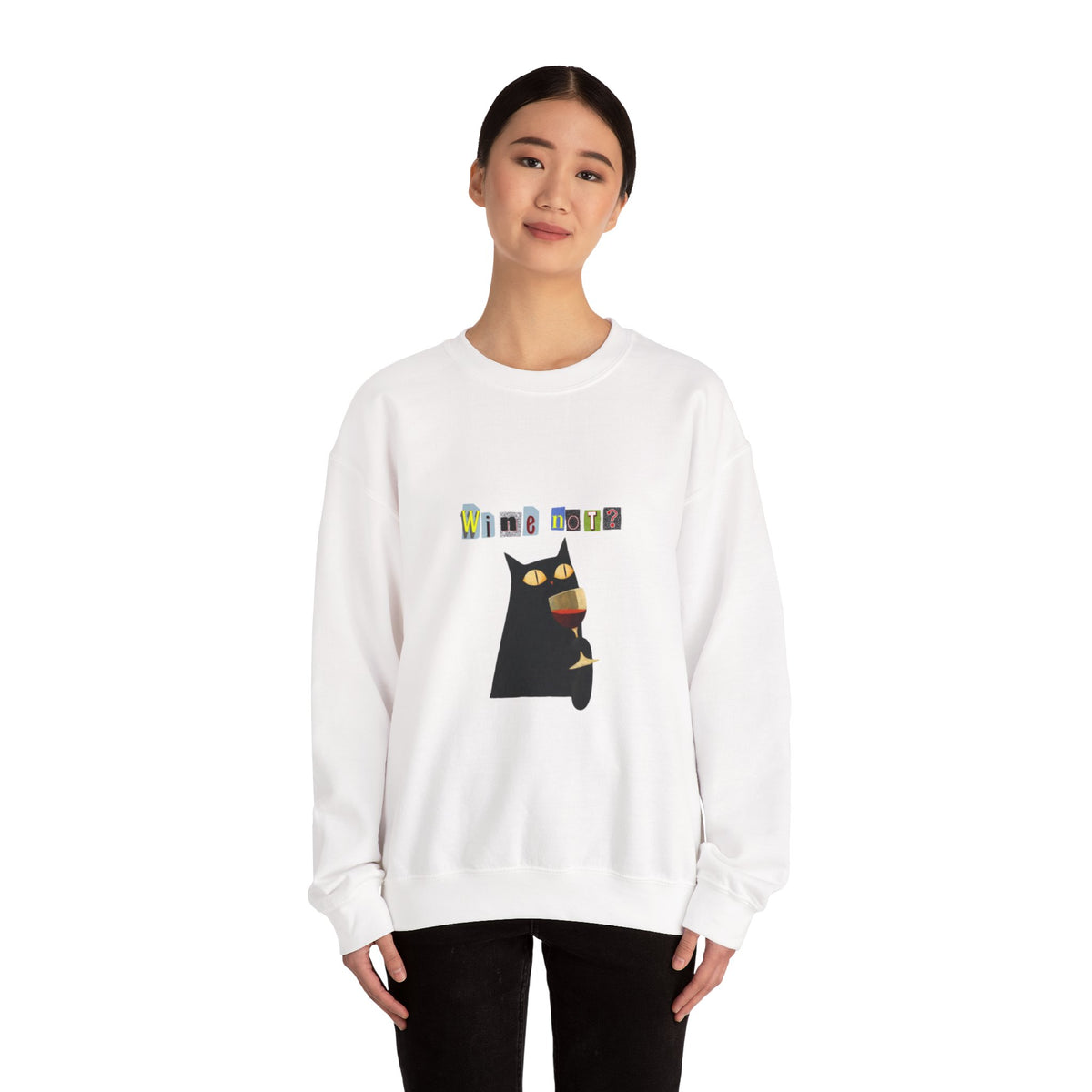 Black Cat Holding Wine Glass Crewneck Sweatshirt | Cute Cat Illustration